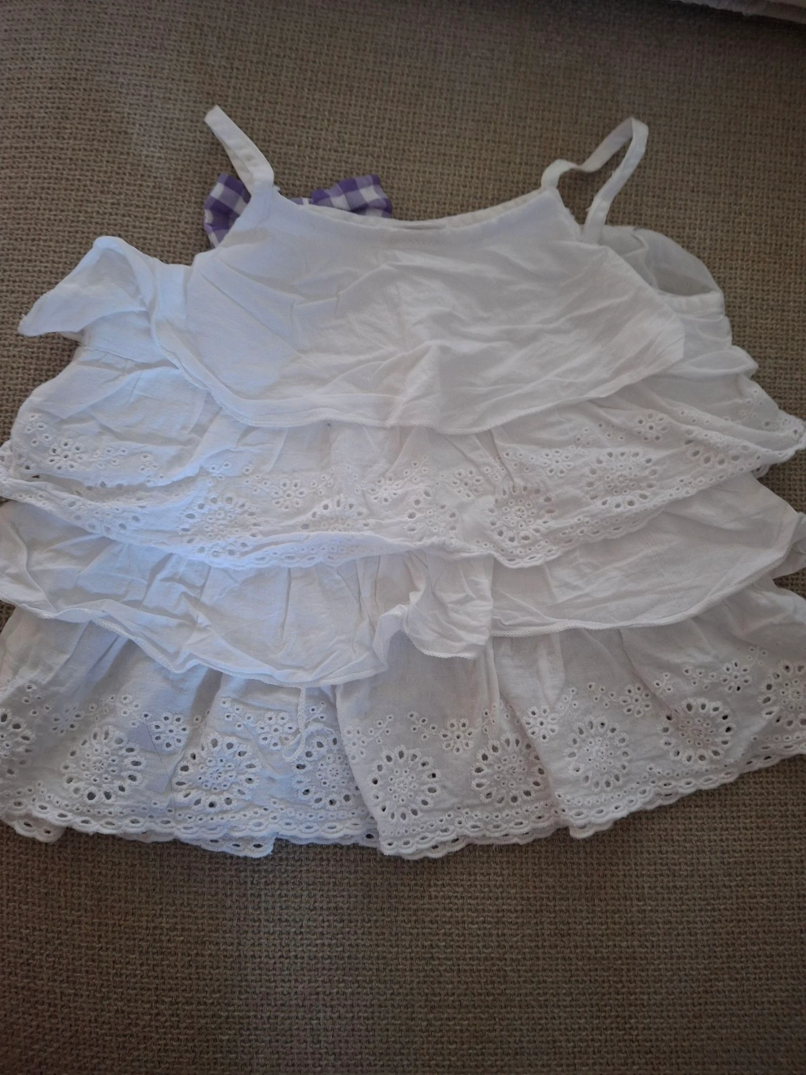 Summer girl set White ruffled top with English embroidery and purple gingham plaid shorts size 4 years – photo 6